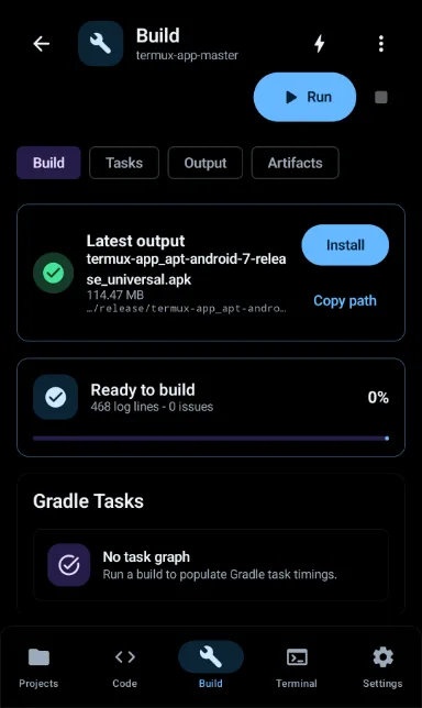 The Build screen after a successful run, listing the output artifact
                  termux-app_apt-android-7-release_universal.apk at 114.47 MB with an Install button.