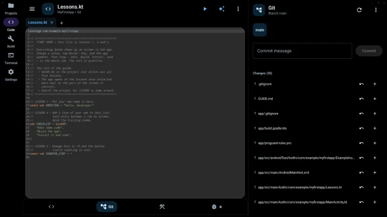 Pocket Studio running as a window on an external display in Android desktop mode:
                    minimise, maximise and close buttons in the title bar, a labelled icon rail for
                    Projects, Code, Build, Terminal and Settings, a Kotlin file open in the editor and
                    the Git panel beside it showing the branch, a commit box and the changed files.