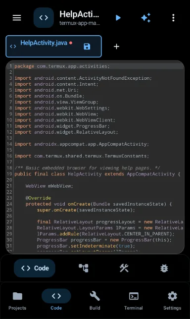 Pocket Studio on a phone: the code editor showing a Java source file from the Termux
                    project, with line numbers, syntax highlighting and a bottom bar for Projects, Code,
                    Build, Terminal and Settings.