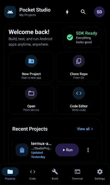 Pocket Studio's home screen on a phone, showing New Project, Clone Repo, Open and
                    Code Editor actions above a list of recent projects.