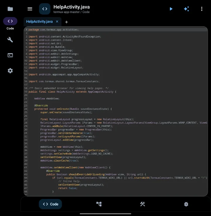 Pocket Studio on a tablet: a wide two-pane layout with an icon rail down the left
                    side for Code, Build, Terminal and Settings, and a Java file open in the editor.